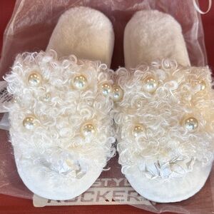 Fluffy White Slippers with Pearl Accents